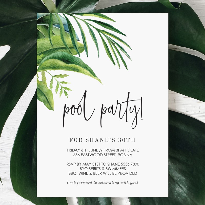 Simple Tropical Pool Party Birthday Invitations