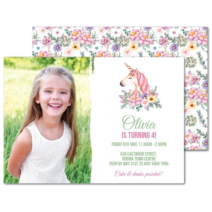 Unicorn Flowers Birthday Invitations