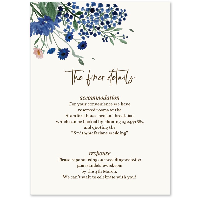 Royal Blue Floral Wedding Detail Cards