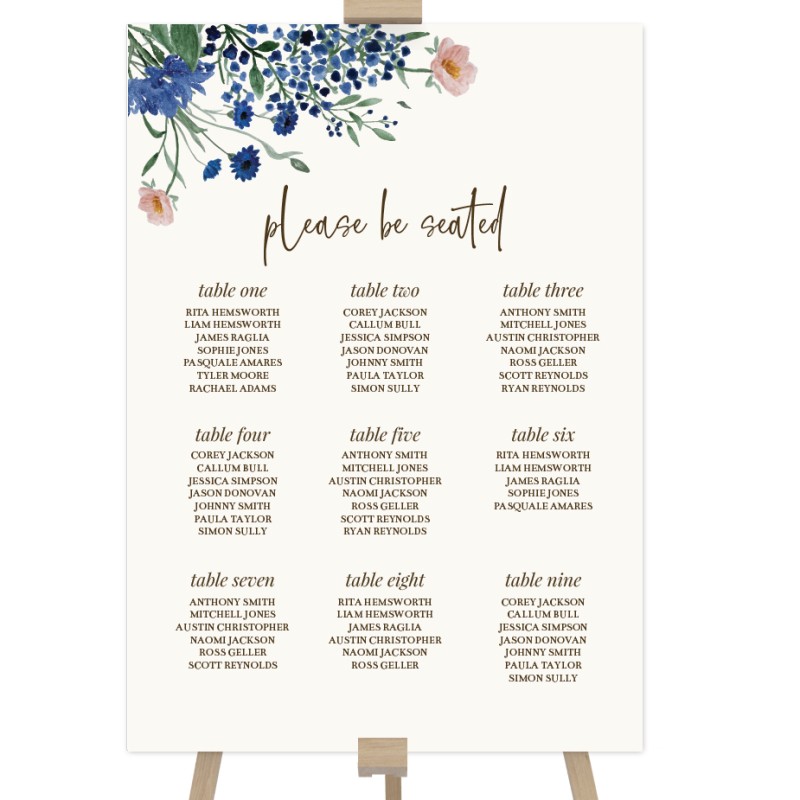 Royal Blue Florals Wedding Seating Chart