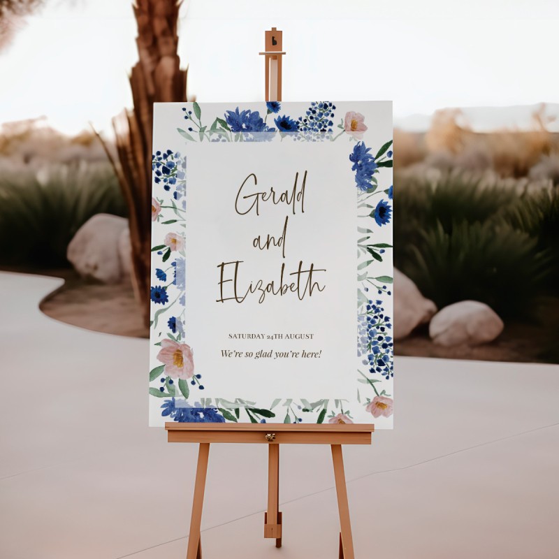 Royal Blue Florals Wedding Welcome Sign