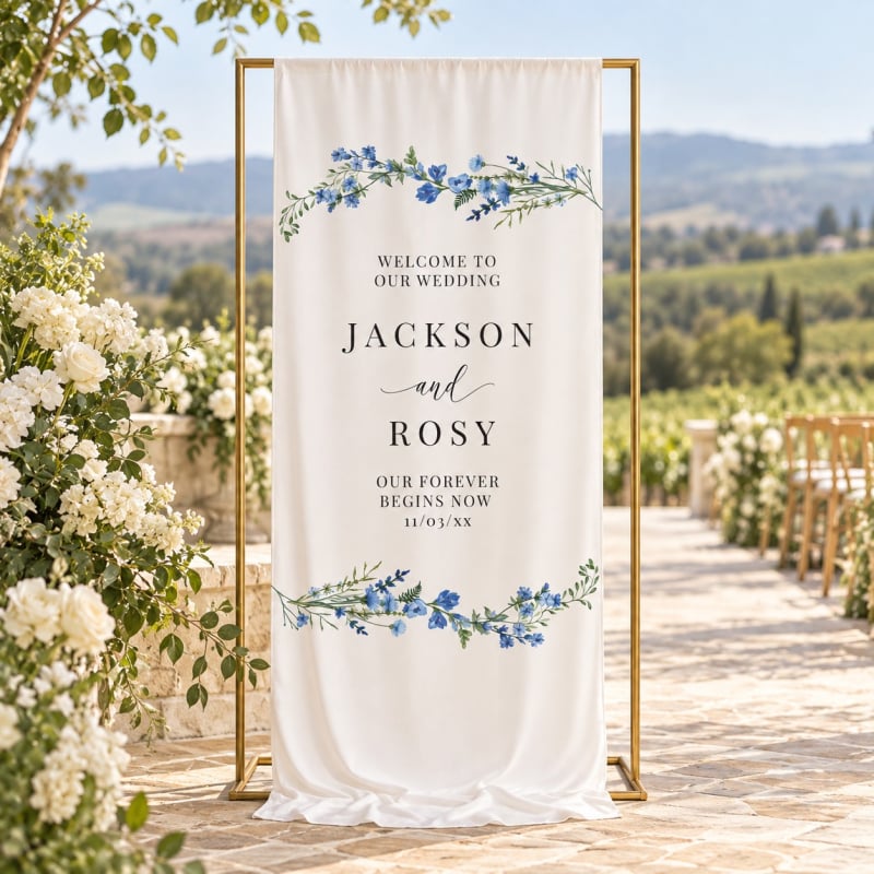 A Touch of Blue Fabric Wedding Welcome Sign