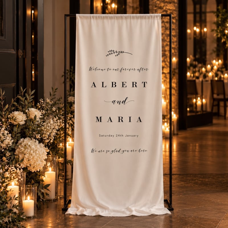 Black and White Fabric Wedding Welcome Sign