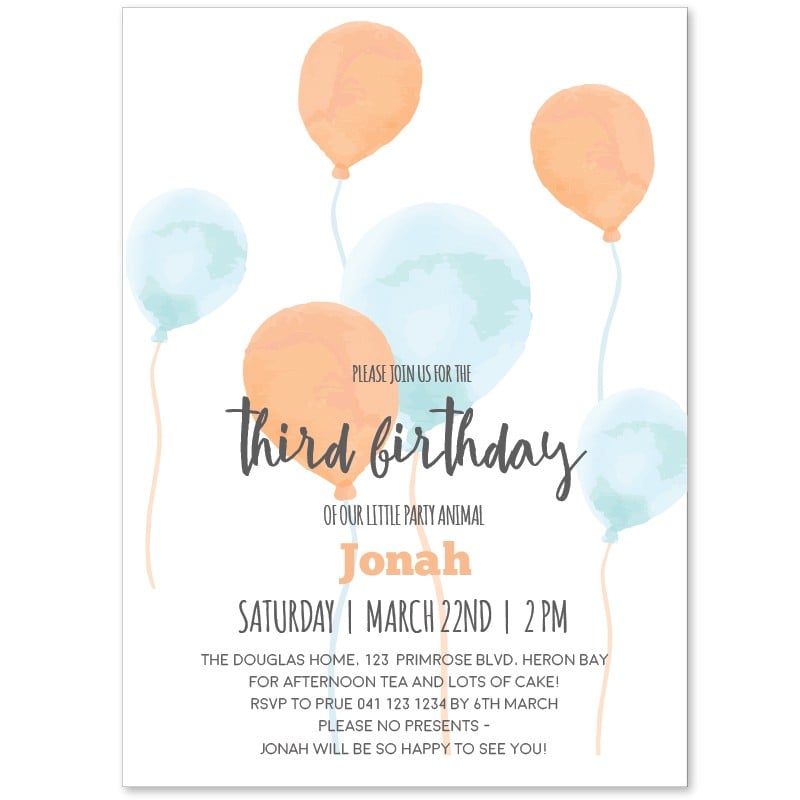 Watercolour Balloons Birthday Invitations