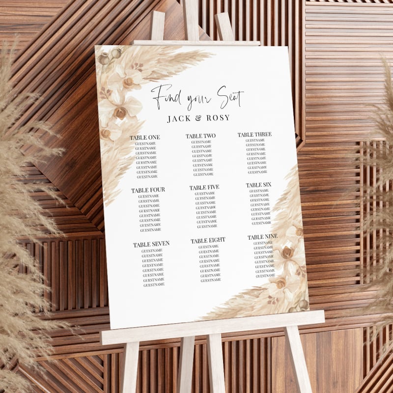 Boho Pampas Wedding Seating Chart