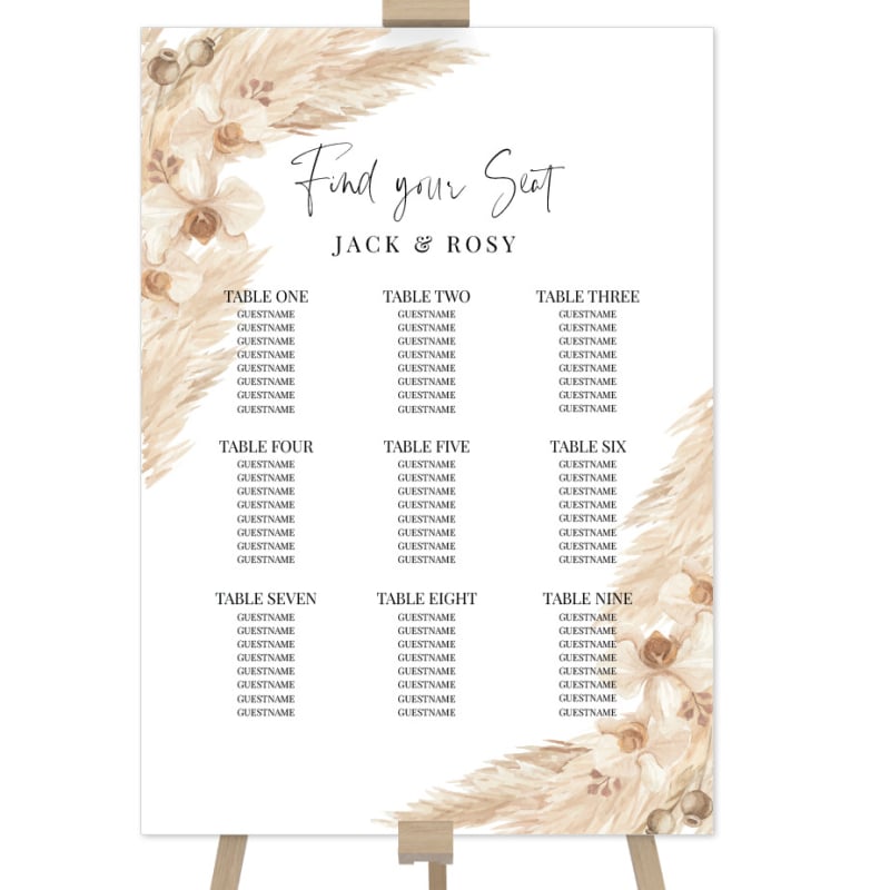 Boho Pampas Wedding Seating Chart