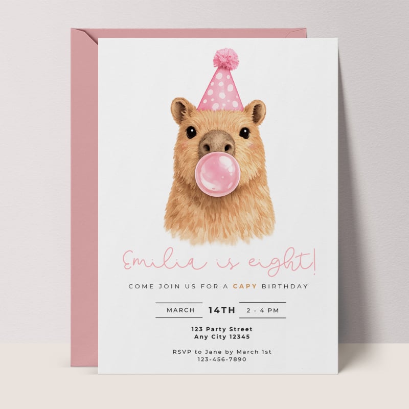 Capybara Blowing Bubbles Pink Invitations