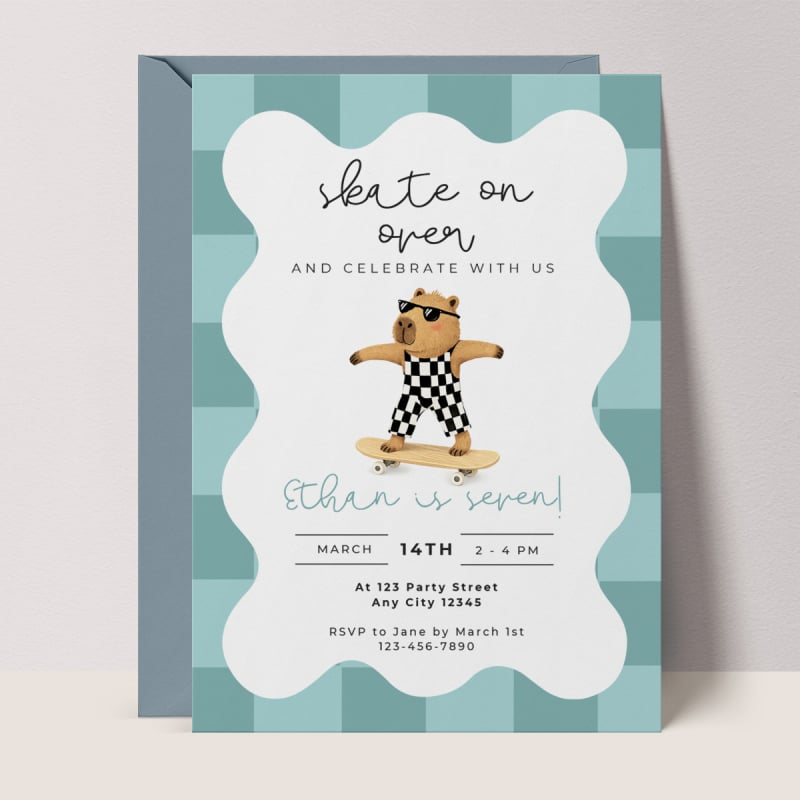 Capybara Skateboarding Invitation - Boys Retro Birthday Invite