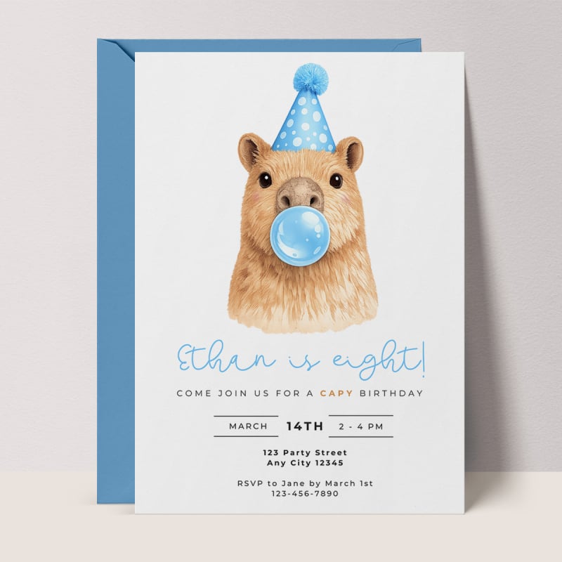 Capybara Birthday Invitations: Capy Blowing Bubbles - Blue