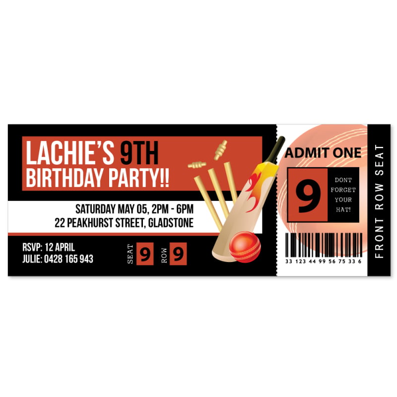 Cricket Ticket Birthday Invitations