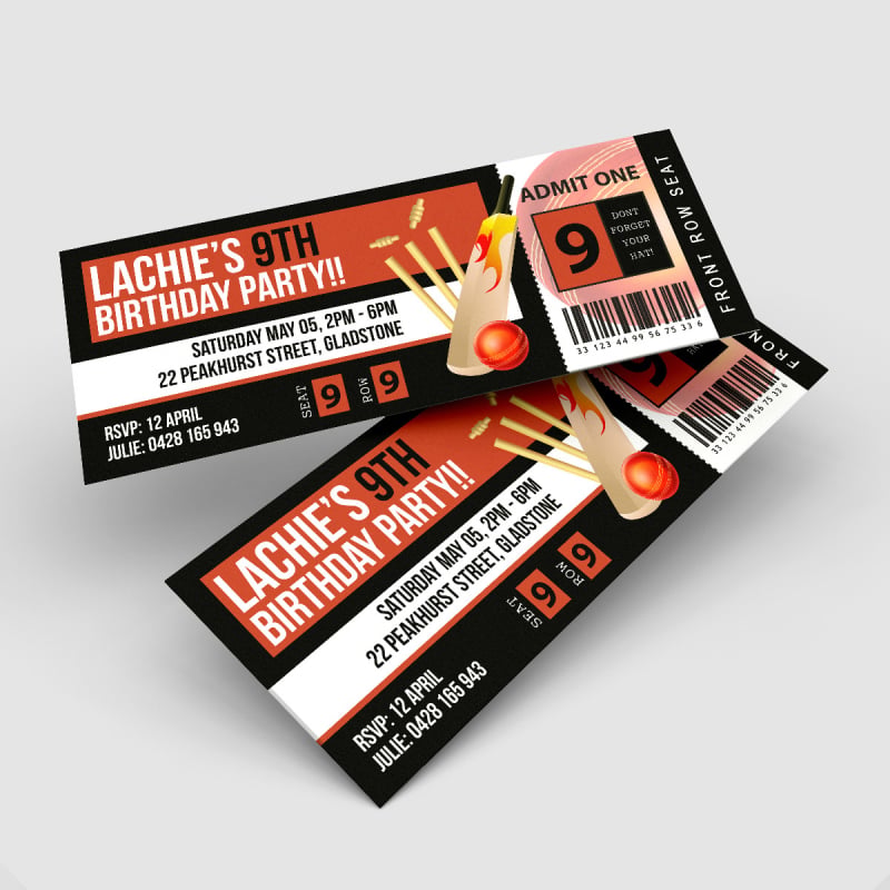 Cricket Ticket Birthday Invitations