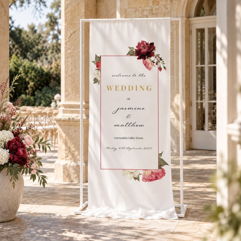 Crimson Fabric Wedding Welcome Sign