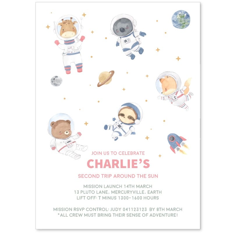 Watercolour Space Animals Birthday Invitations