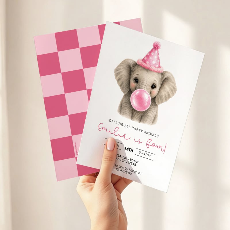 Elephant Blowing Bubbles Pink Invitations 