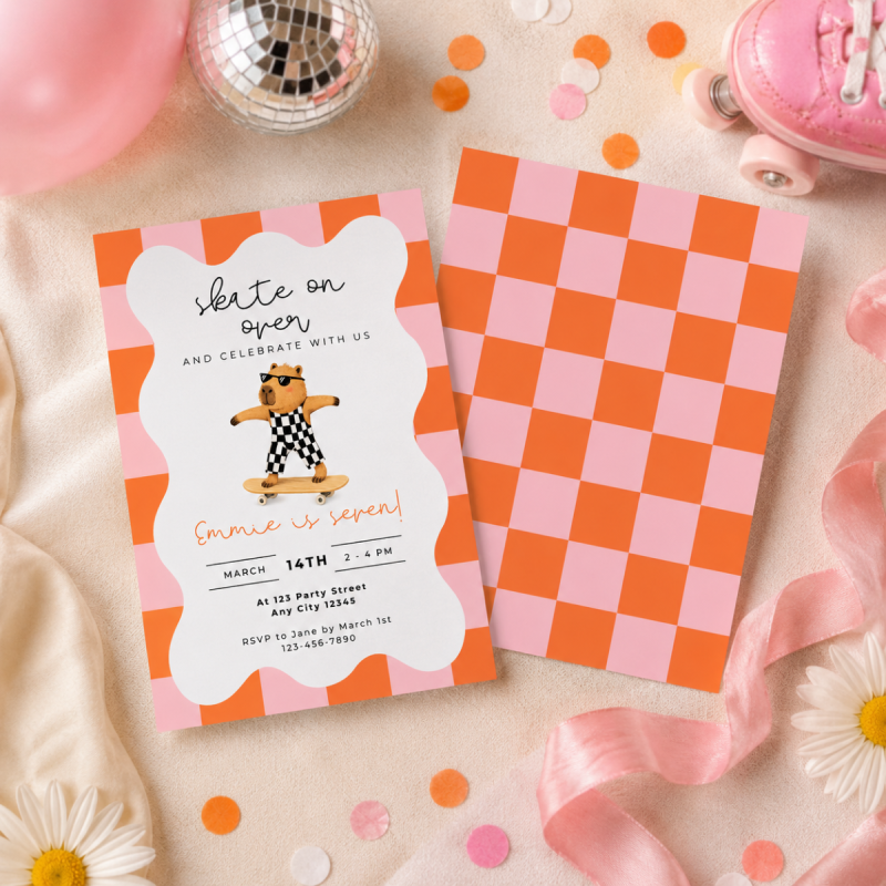 Capybara Girls Skateboarding Birthday Invitations 