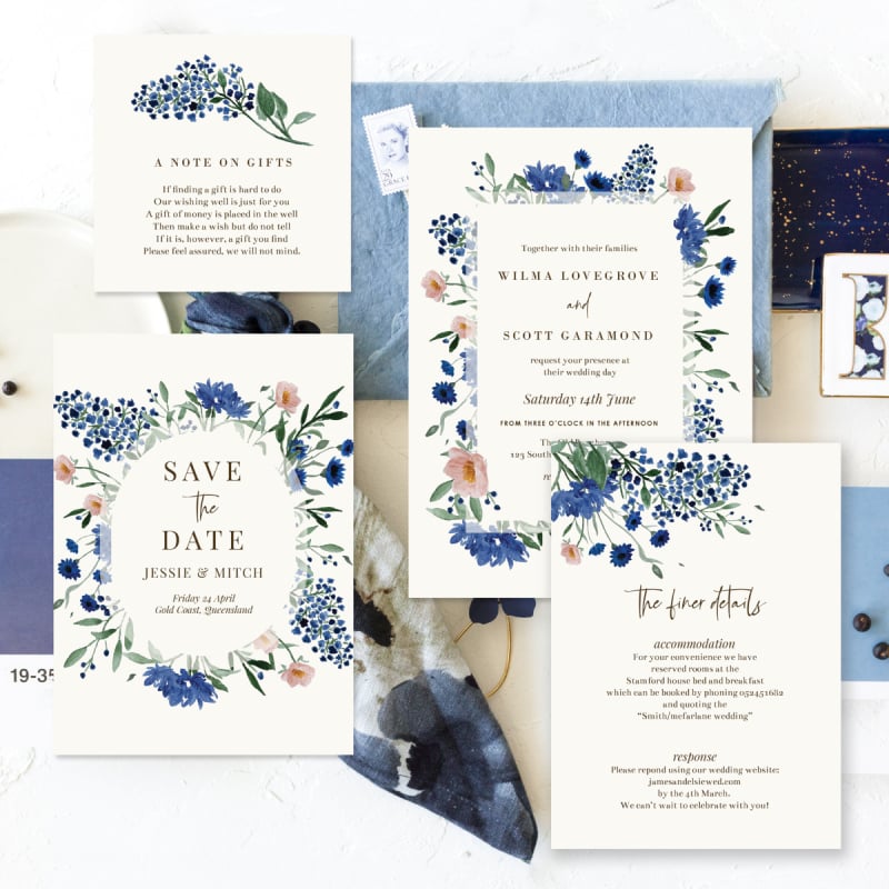 Royal Blue Florals Save The Date Cards