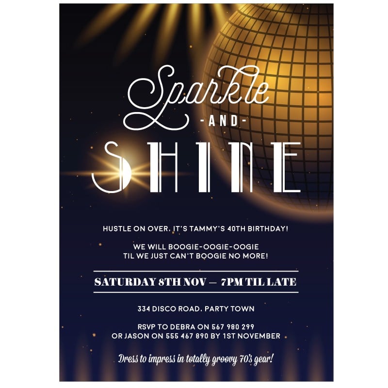 Sparkle and Shine Disco Birthday Invitations