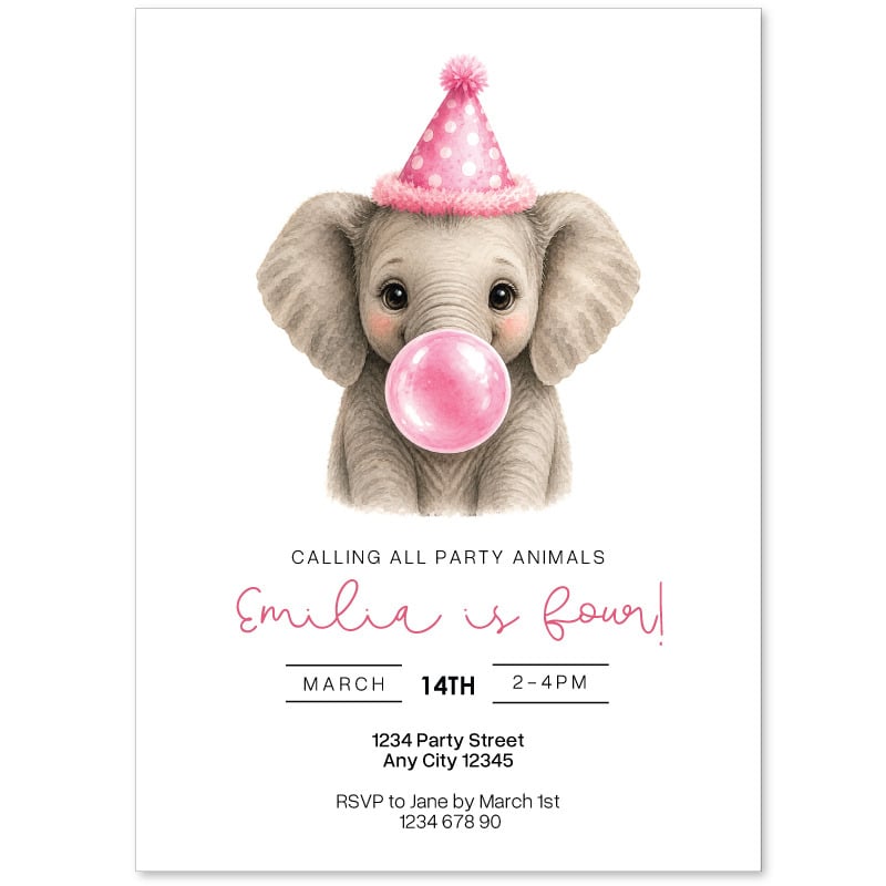 Elephant Blowing Bubbles Pink Invitations 