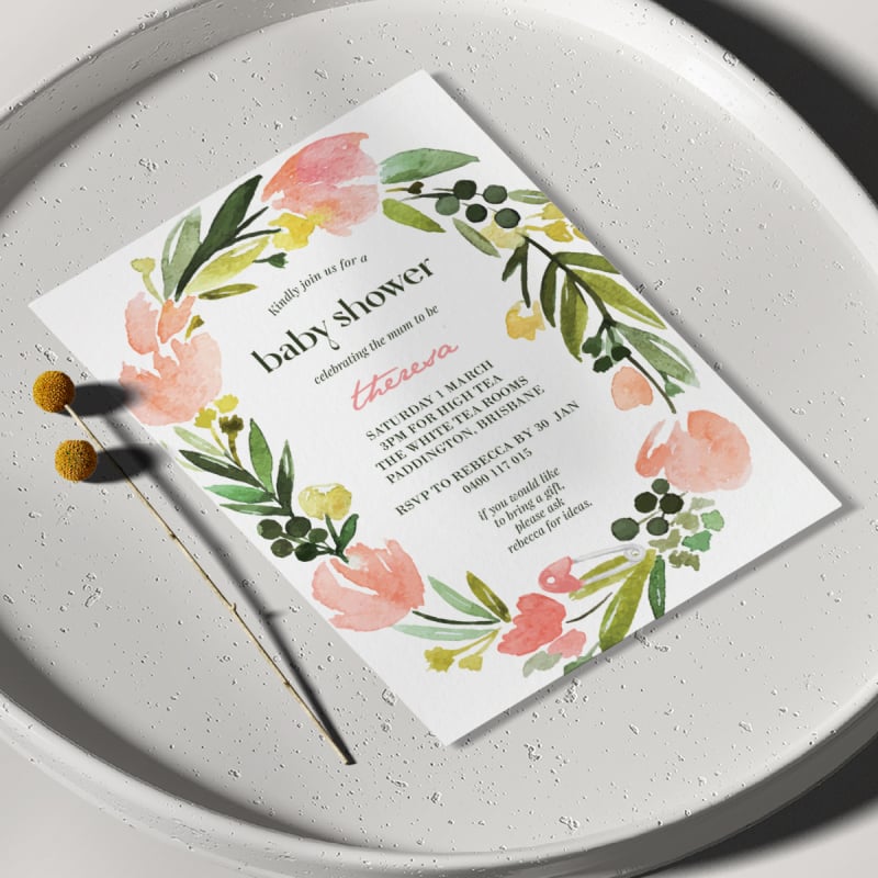 Watercolour Wreath Baby Shower Invitations