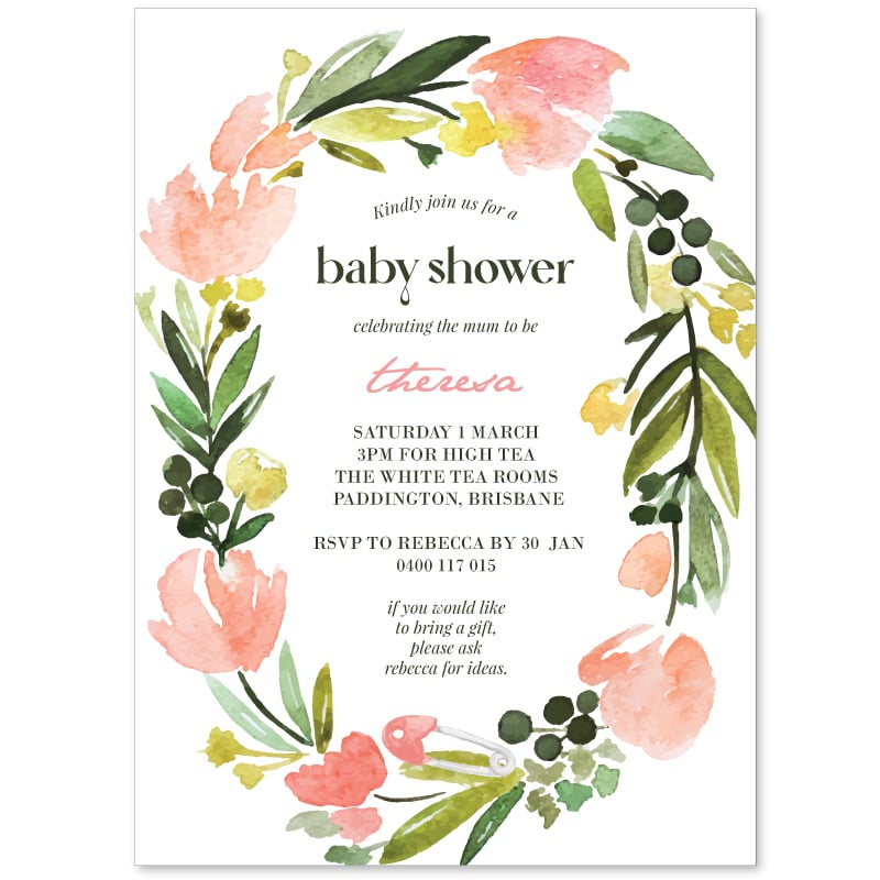 Watercolour Wreath Baby Shower Invitations