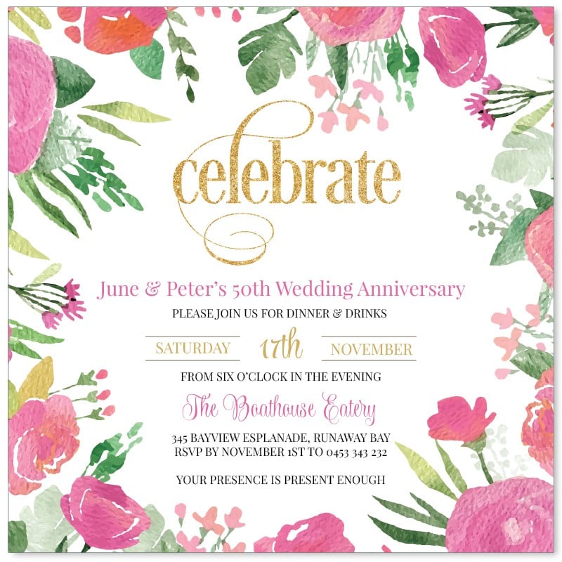 Golden Floral Anniversary Invitations