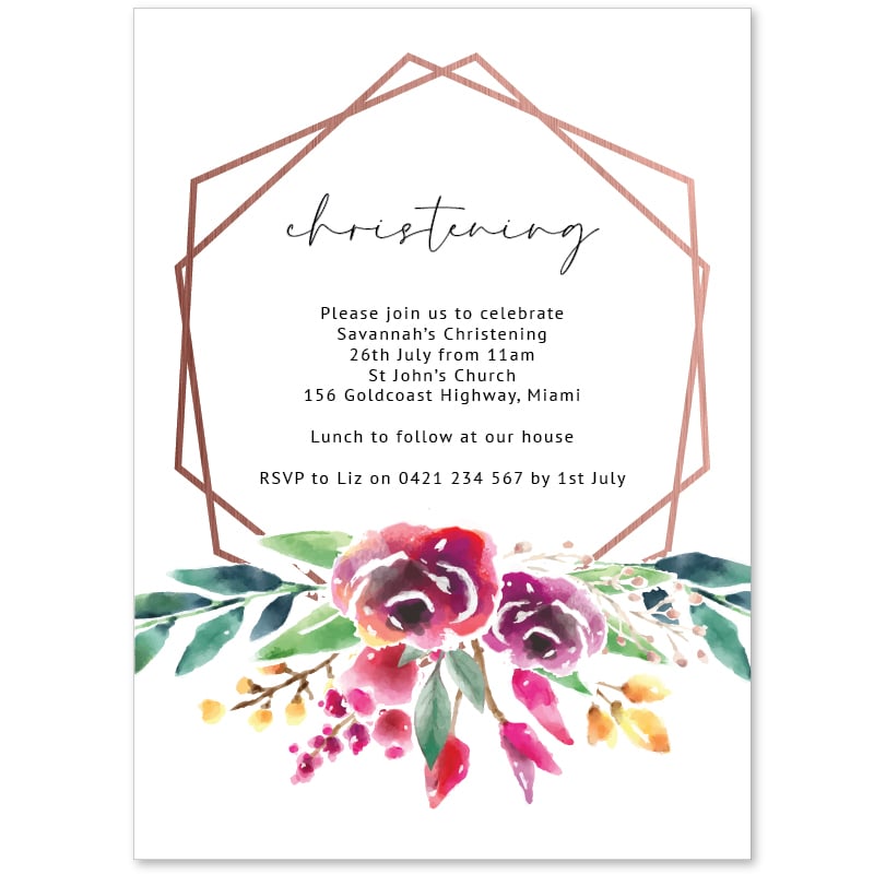 Flowers and Hexagons Christening Invitation