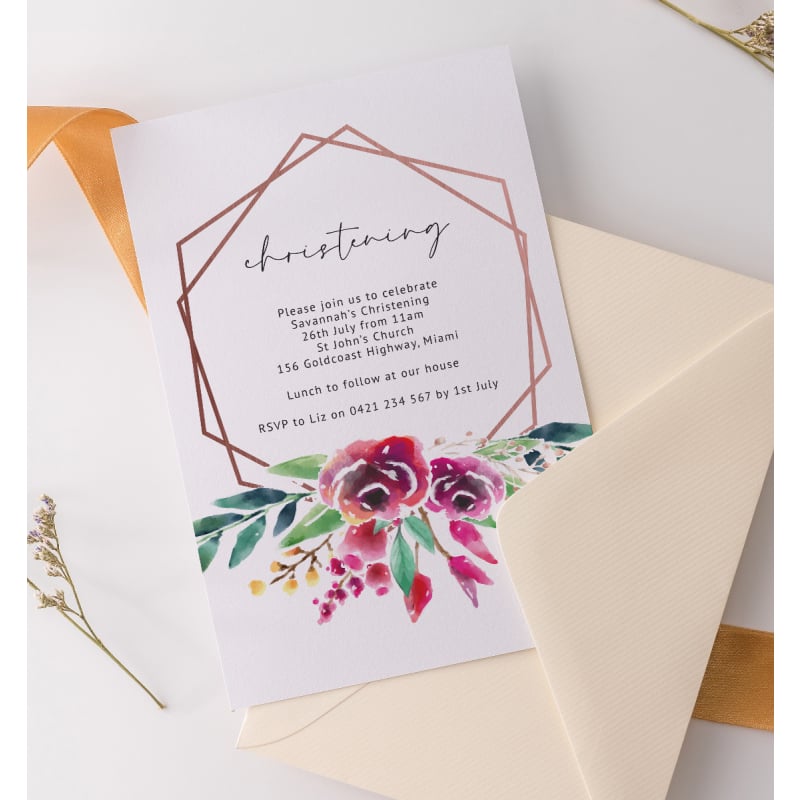 Flowers and Hexagons Christening Invitation