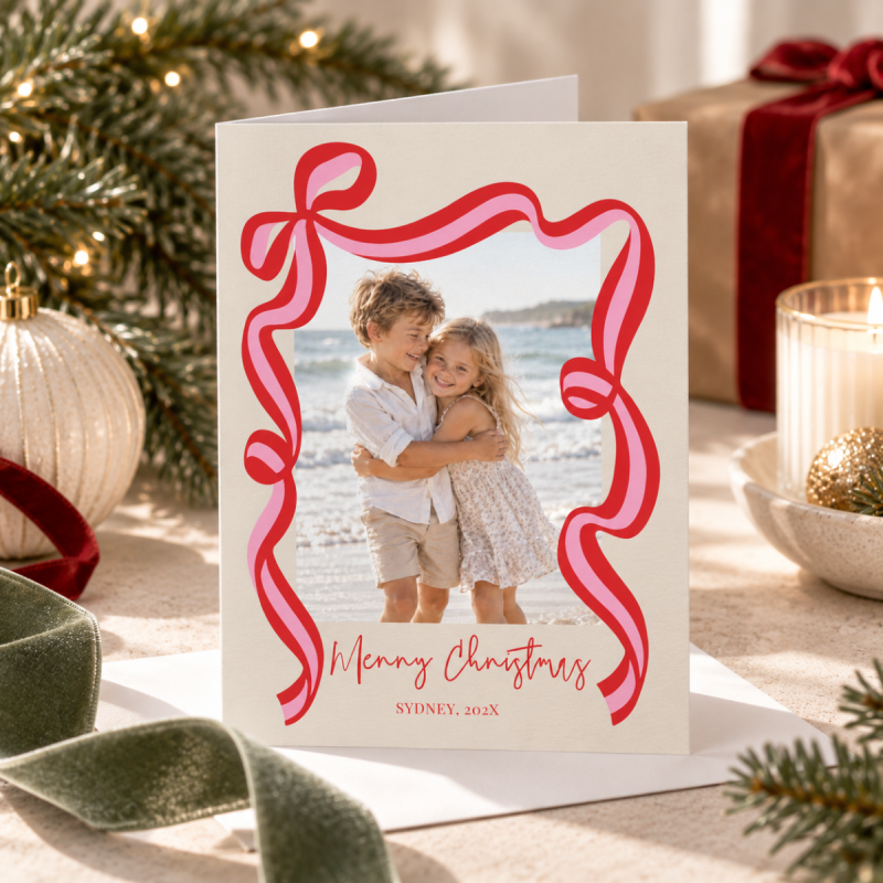 Ribbon Photo Folded Christmas Cards
