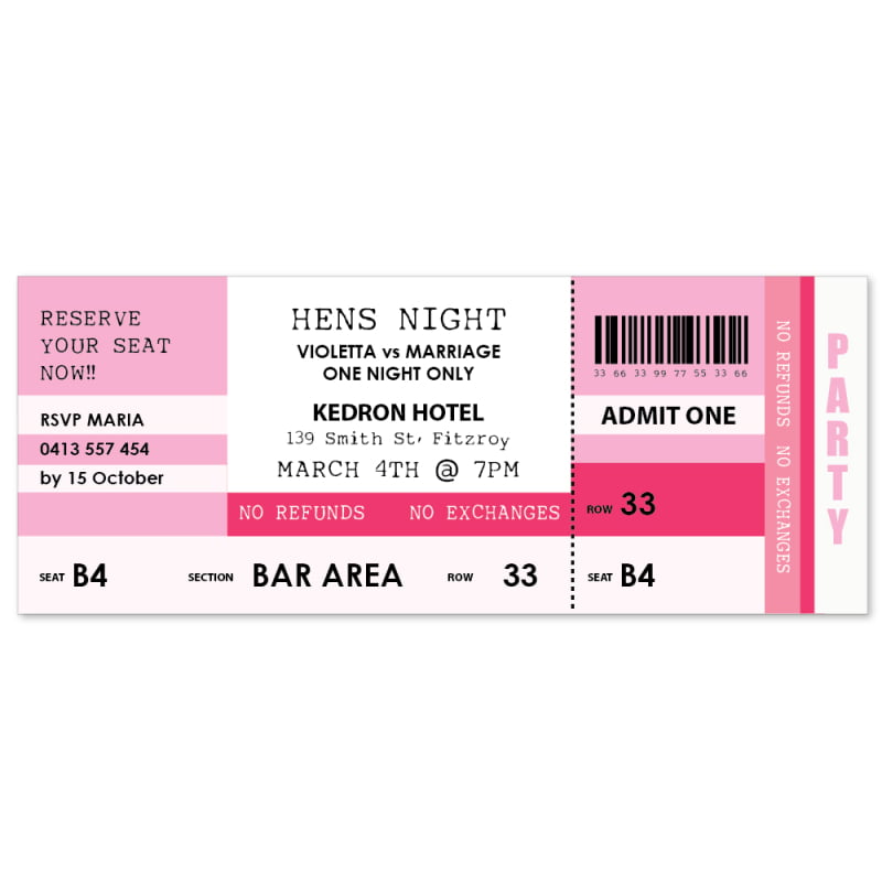 Ticket Hens Night Invitations