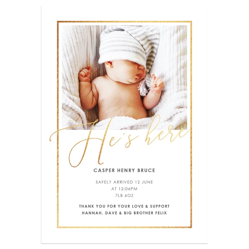 He's Here Birth Announcement Cards