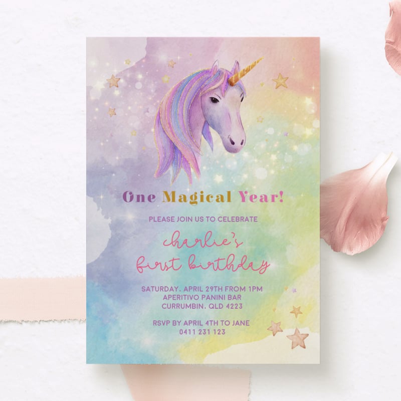 Golden Horn Unicorn Birthday Invitations