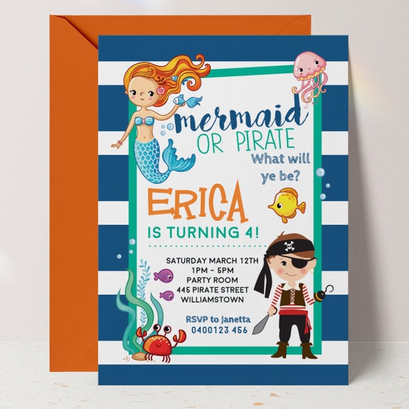 Mermaid and Pirate Birthday Invitations