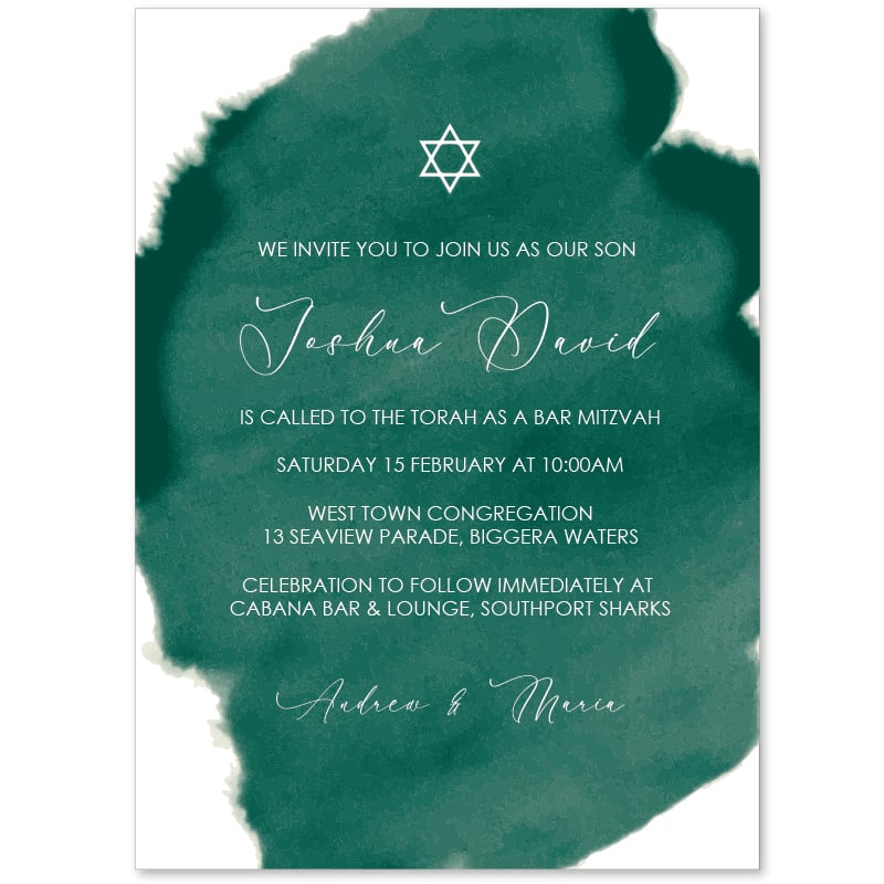 Emerald Watercolour Mitzvah Invitations