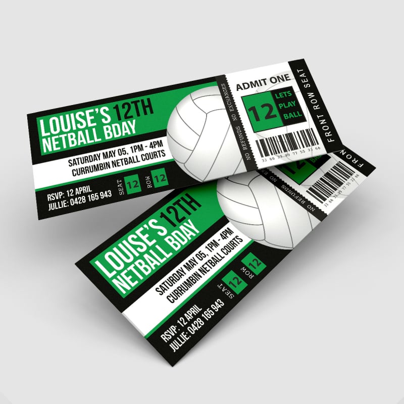 Netball Ticket Birthday Invitations
