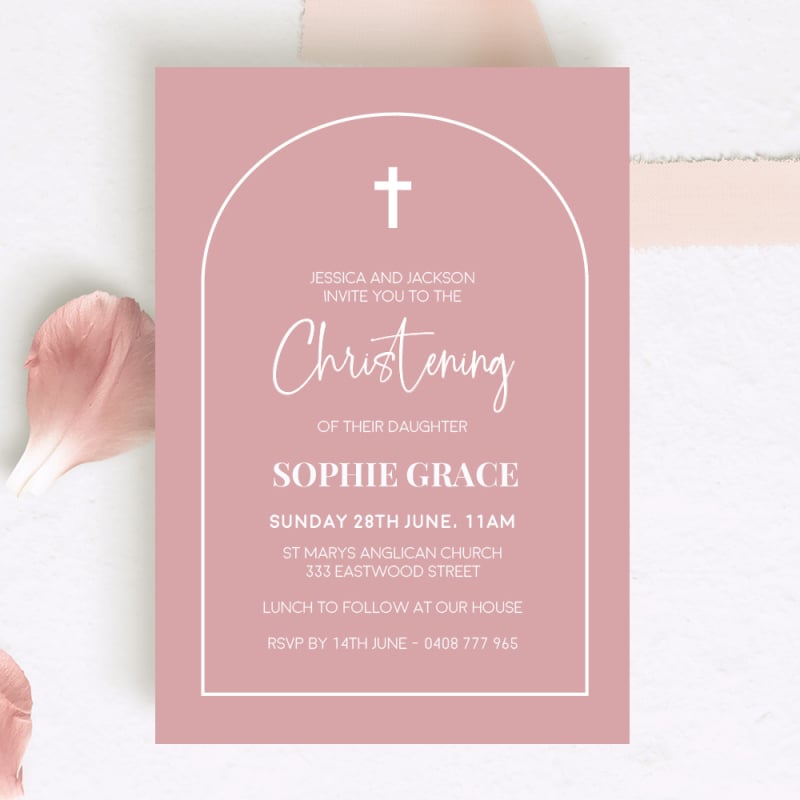Geometric Arch Pink Christening Invitations
