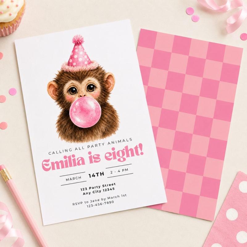 Monkey Blowing Bubble Birthday Invitations