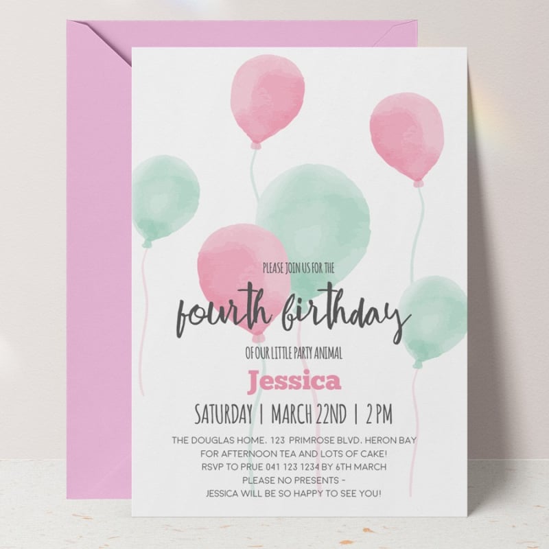Watercolour Balloons Birthday Invitations