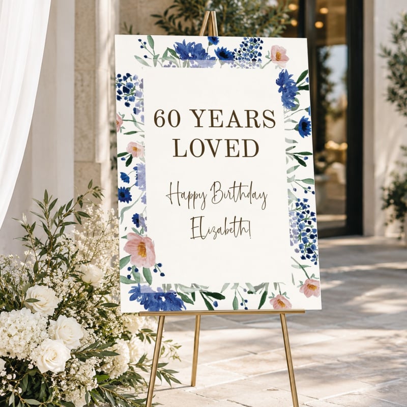 Royal Blue Florals Birthday Party Welcome Sign