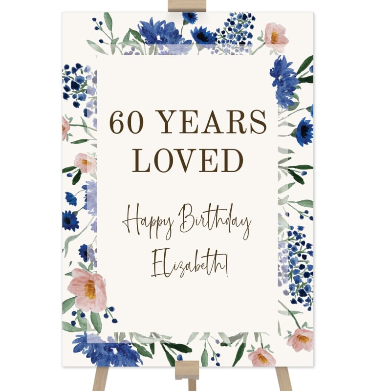 Royal Blue Florals Birthday Party Welcome Sign
