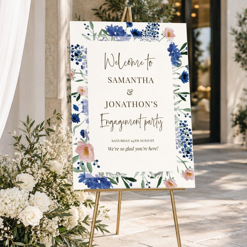 Royal Blue Florals Engagement Party Welcome Sign