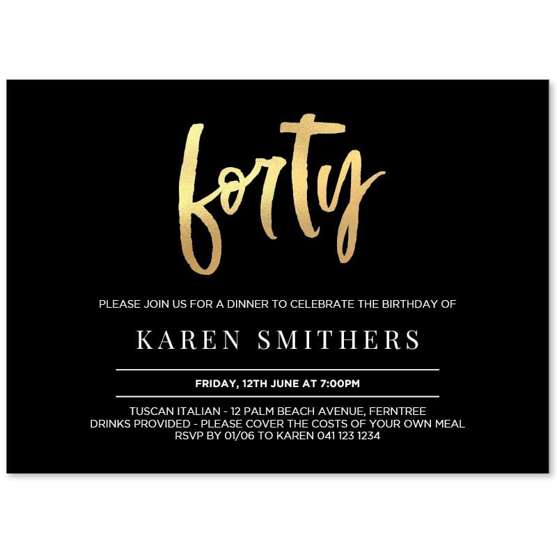 Gold Number 40 Birthday Invitations