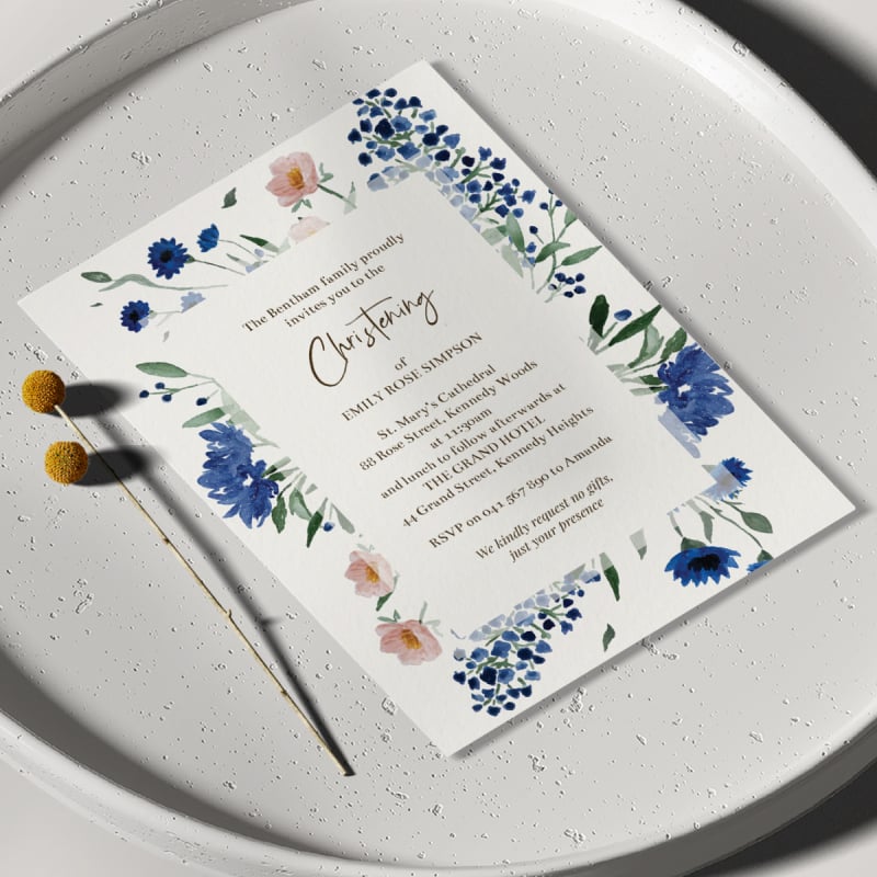 Royal Blue Florals Christening Invitations