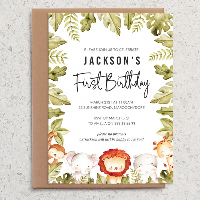 Safari Animals 1st Birthday Invitations