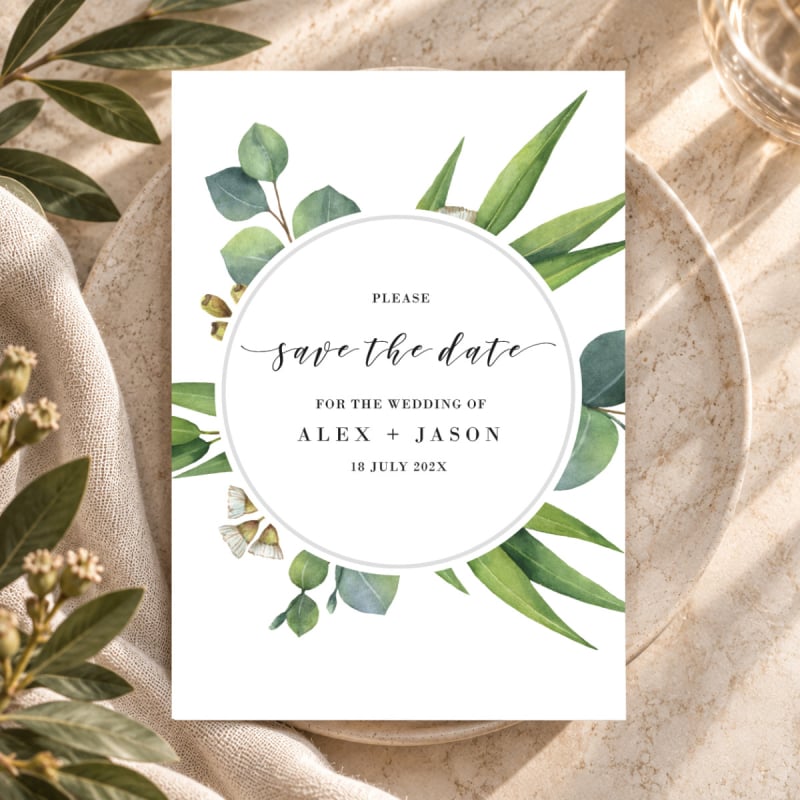 Eucalyptus Leaves Save the Date Card