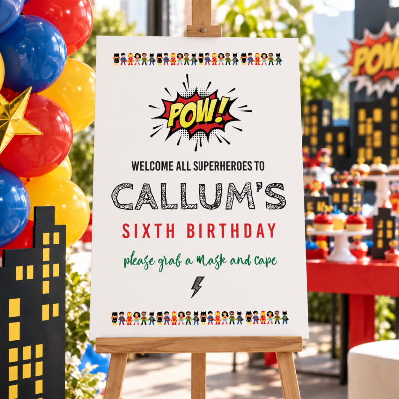 Cartoon Hero Birthday Welcome Sign