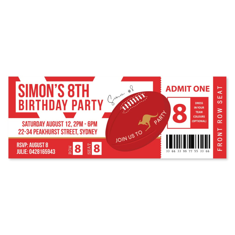 Sydney Swans Football Ticket Invitations