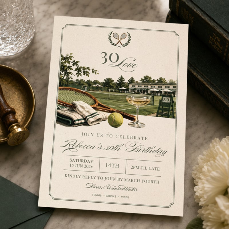 Tennis Birthday Invitations - Old Money Style