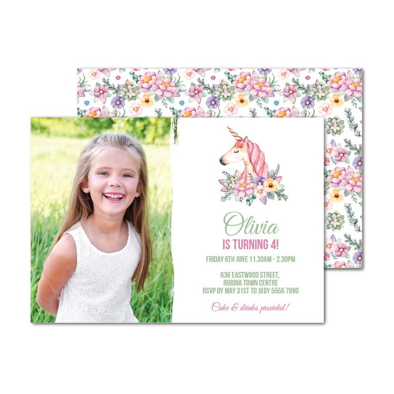 Unicorn Flowers Birthday Invitations