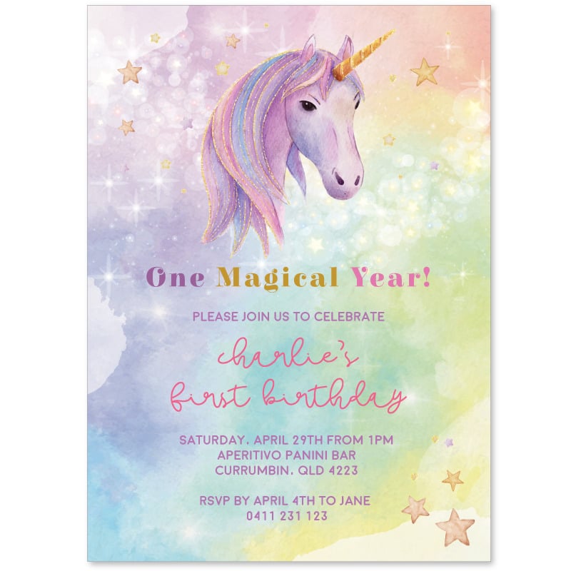 Golden Horn Unicorn Birthday Invitations