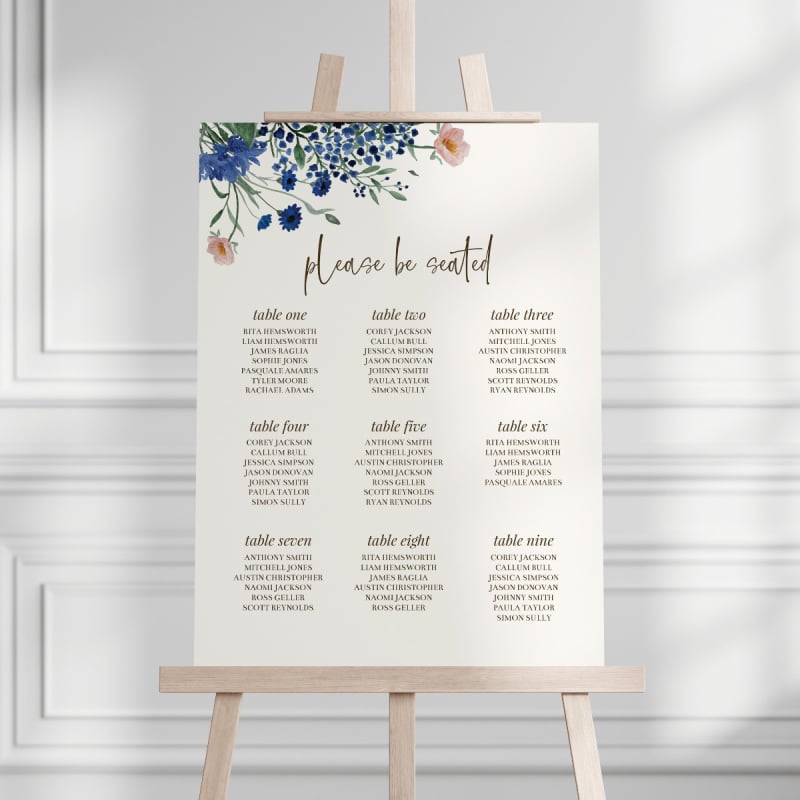 Royal Blue Florals Wedding Seating Chart